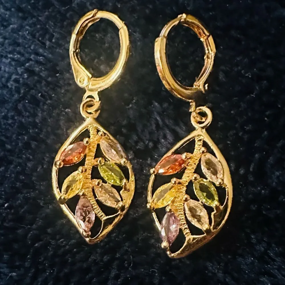 Vintage Style Golden Leaf Earrings with Multiple Colored Stones Grandmac